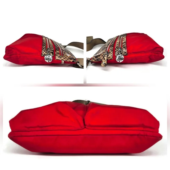 Brighton GoGo Red Nylon Black-Tan Snake Print Leather Convertable Crossbody Bag - Picture 6 of 16